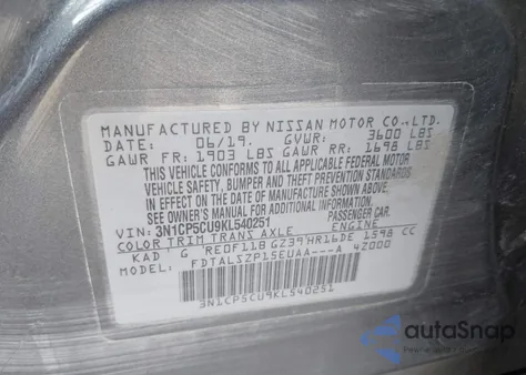 2019 Nissan Kicks Sv z USA, uszkodzony, nr VIN 3N1CP5CU9KL540251